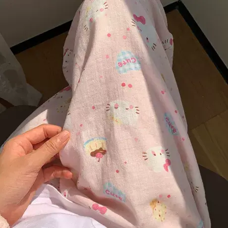新品~粉粉猫A类纯棉双层纱布睡裤日系家居宽松有口袋可外出图片
