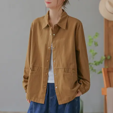 dza 复古短款纯色全棉工装外套女士春秋宽松翻领夹克上衣休闲长袖商品大图