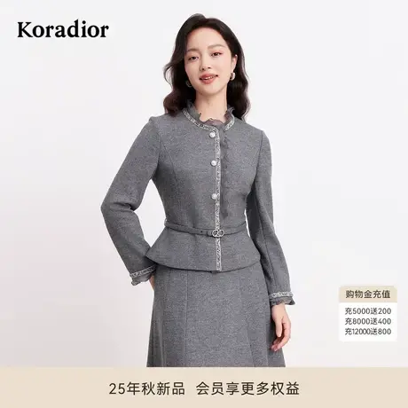 珂莱蒂尔冬季法式香风复古通勤短款修身开扣羊毛呢外套女商品大图