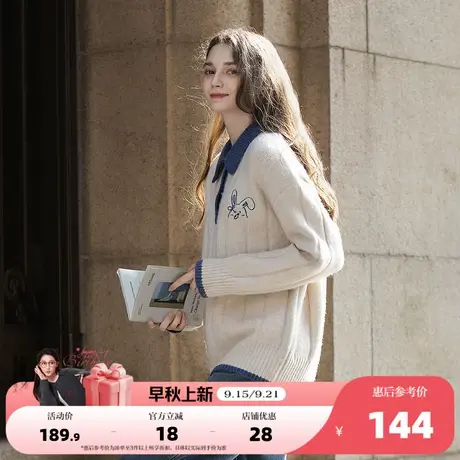 唐狮2025秋冬季套头毛衣女POLO领撞色拼接卡通可爱少女风毛线衫商品大图