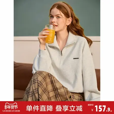 唐狮2026春季新款小标设计感卫衣女半开襟翻领浅米灰简约风上衣图片