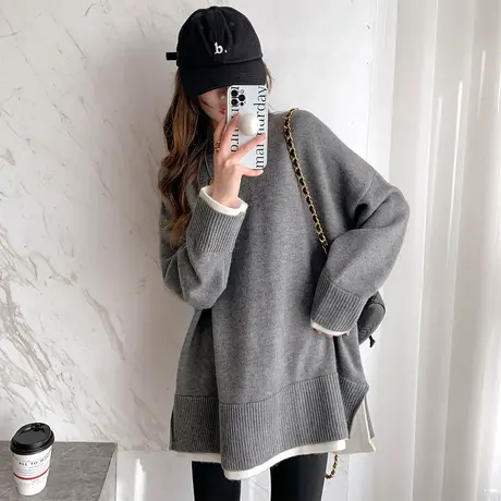 唐狮秋冬简约假两件宽松圆领套头针织衫女气质百搭女式毛衣潮TM商品大图