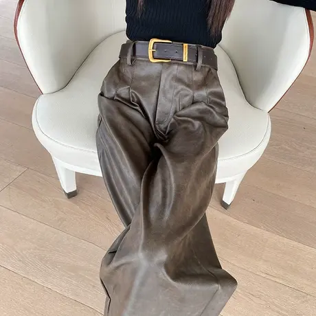 咖色肌理感pu皮阔腿西装裤女秋冬加厚高腰宽松休闲直筒垂感拖地裤商品大图