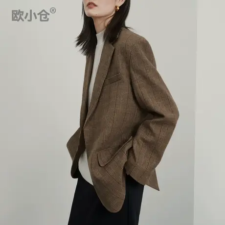 OXC/欧小仓威尔士格纹咖色西装外套女秋冬ins百搭休闲品质小西服图片