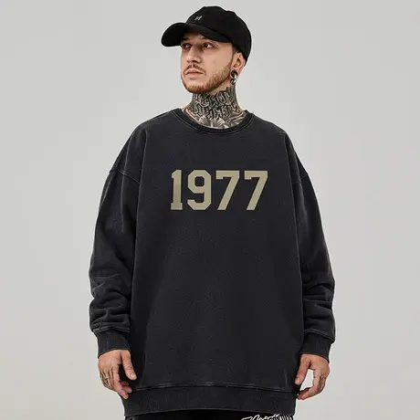 美式复古嘻哈大码卫衣男装圆领纯棉重磅做旧高街外套加绒春秋冬款商品大图