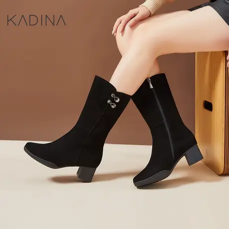 卡迪娜新款饰扣通勤女鞋中跟羊皮革中筒靴女靴KA221557图片