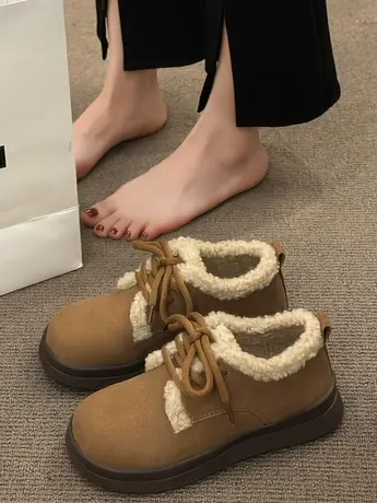 加绒博肯鞋女2023秋冬新款系带毛毛鞋圆头复古包头软底时尚单鞋女商品大图