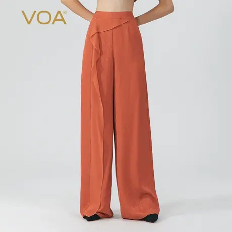 VOA番茄红22姆米暗纹提花蚕丝松紧腰拼接乔其丝绸活页真丝阔腿裤商品大图