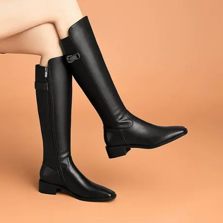 冬季新款真皮黑色高筒靴女方头粗跟保暖牛皮加绒长筒靴女靴子商品大图