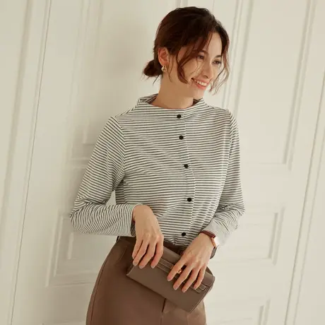 桔熊秋冬季通勤简约条纹针织衫软糯长袖立领上衣女装大码AB19091图片
