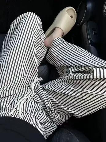 美式复古竖条纹裤子女夏季2023新款小个子宽松显瘦休闲直筒阔腿裤商品大图