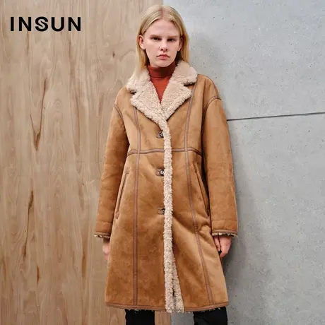 INSUN恩裳线上专选冬季皮条压线颗粒羊毛毛呢大衣商品大图