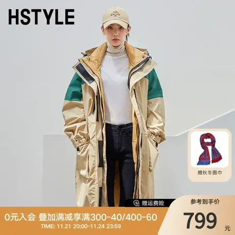 韩都衣舍2023秋冬韩版两件套工装风连帽轻薄中长款羽绒服商品大图