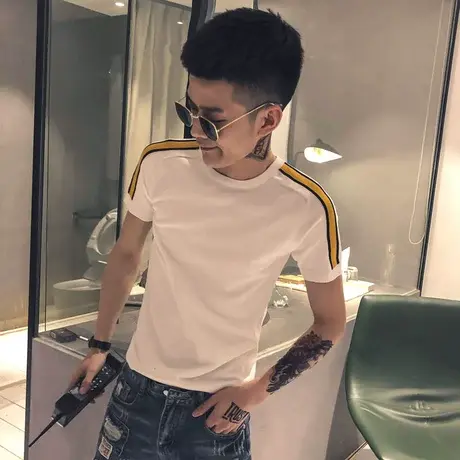 2023快手社会小伙修身男针织短袖T恤时尚小伙网红快手个性潮流tee商品大图