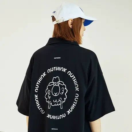 Nuthink欧美潮流大码卡通小羊polo衫男潮ins宽松加肥加大翻领短袖商品大图