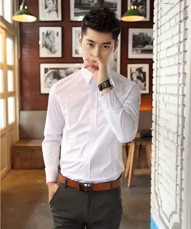 春秋新款 黑白色商务休闲修身韩版潮 工作男士衬衫潮流粉红黑长袖商品大图