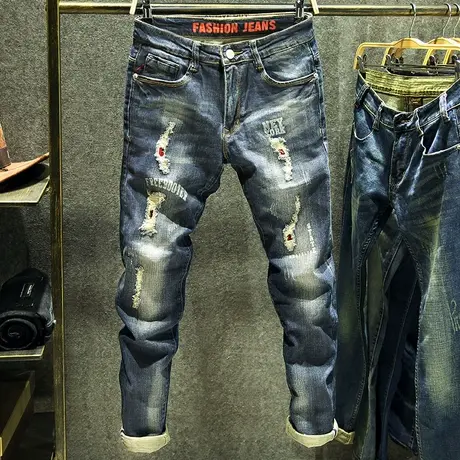 破洞牛仔裤男青年弹力修身小脚裤子韩版时尚复古直筒潮牌春夏新款商品大图