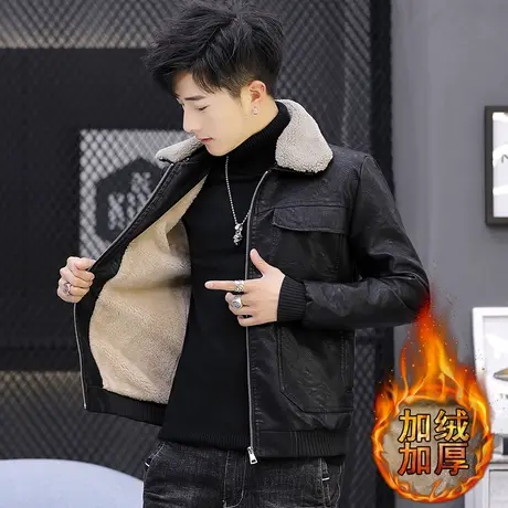 男士外套皮夹克潮流带毛领男装冬季皮毛一体衣服新款加绒加厚皮衣图片
