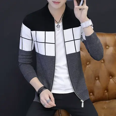 外套男士春秋季韩版潮流修身学生针织衫薄款休闲立领夹克格子开衫商品大图