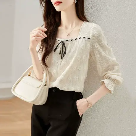 时尚甜美方领长袖衬衫女士2022秋季新款气质百搭洋气上衣显瘦韩版商品大图