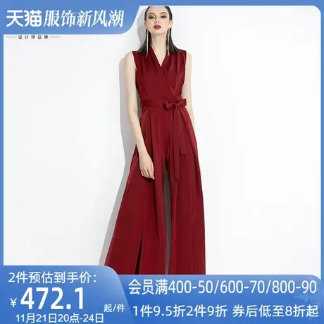 酒红色气质高腰阔腿裤连体裤女夏2023新款时尚显瘦垂感连衣裤套装商品大图