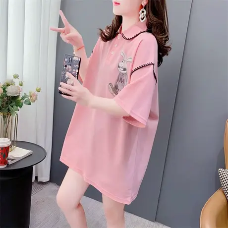 学院风宽松休闲Polo领短袖t恤女2023夏季新款洋气减龄百搭上衣潮商品大图