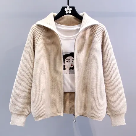 双拉链设计感毛衣外套女秋冬2023新款宽松慵懒风外搭加厚针织开衫图片