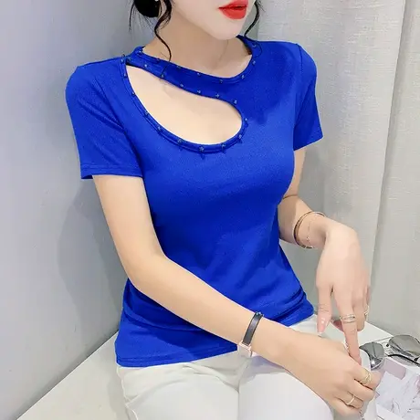性感短袖T恤女ins潮欧货镂空心机上衣纯色百搭小衫洋气钉珠半袖夏商品大图