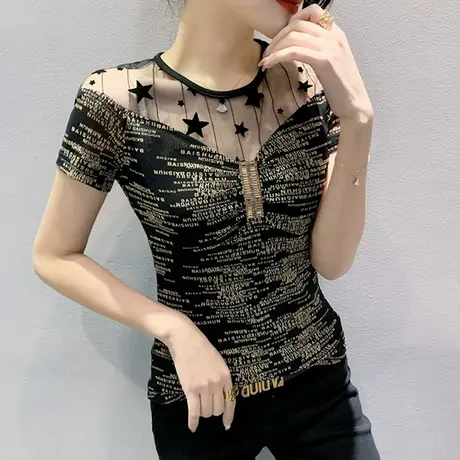 2024夏季新款性感网纱T恤短袖欧货洋气印花上衣镂空紧身显瘦小衫商品大图