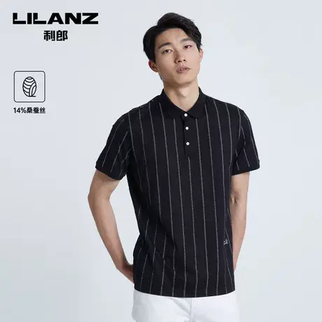 【桑蚕丝】利郎polo衫男夏季条纹提花短袖翻领T恤男商品大图