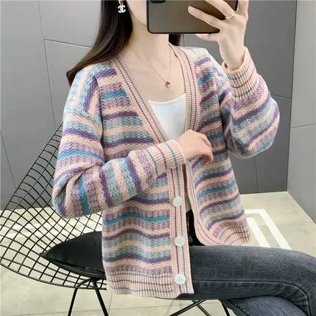 2023秋季新款毛衣女开衫外套条纹针织衫女宽松百搭外穿流行女上衣图片