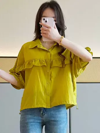 时尚洋气短袖衬衫女2023夏季新款设计感荷叶边宽松衬衣小衫上衣潮商品大图