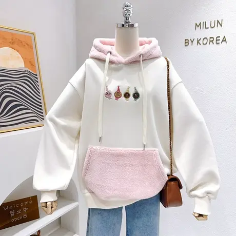 韩系秋冬款学院风甜美减龄毛毛外套~ins奶呼呼软糯摇粒绒连帽卫衣商品大图