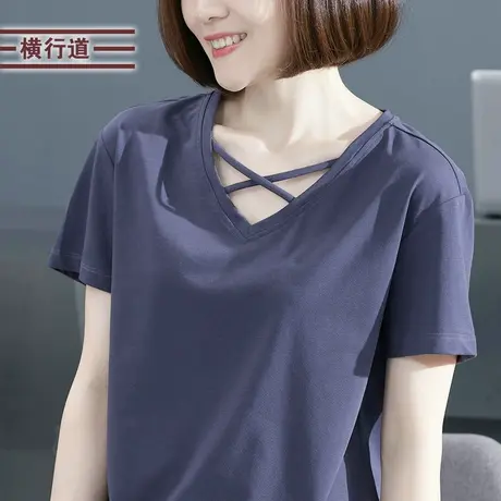 2023年新款夏装V领妈妈短袖t恤女装韩版大码百搭半袖胖MM上衣夏女商品大图