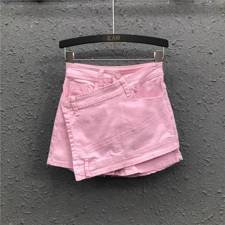 减龄粉色裤裙女夏新款网红ins高腰不规则设计感显瘦阔腿牛仔短裤图片