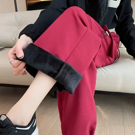 加绒加厚红色工装裤女冬新款高腰阔腿裤小个子高街束脚两穿哈伦裤图片