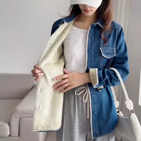 秋冬新款韩版休闲加绒长袖牛仔衬衫女宽松显瘦加厚保暖打底衬衣潮商品大图