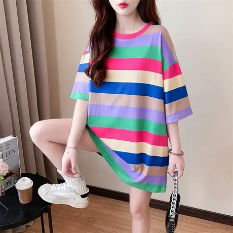 撞色条纹短袖t恤女ins潮夏装宽松bf慵懒风体恤休闲中长款半袖上衣图片