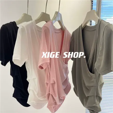 交叉V领设计感小众纯欲短袖T恤女褶皱收腰修身短款显瘦上衣体恤夏商品大图