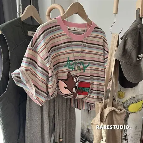 复古条纹卡通印花小老鼠休闲百搭宽松短袖柔软半袖T恤女韩系上衣商品大图