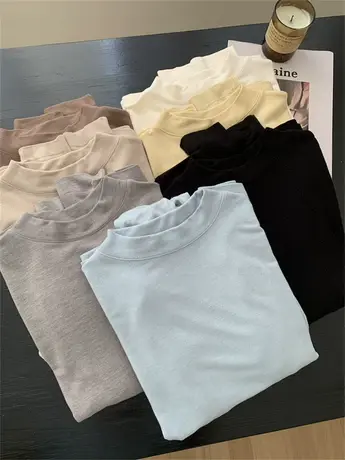 温柔气质百搭立领打底衫女软绵绵高弹力长袖T恤秋冬纯色套头内搭商品大图