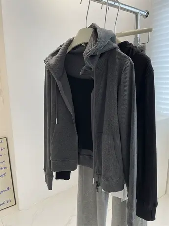 美式复古坑条连帽卫衣！秋修身显瘦正肩休闲外套甜辣短款拉链衫女商品大图