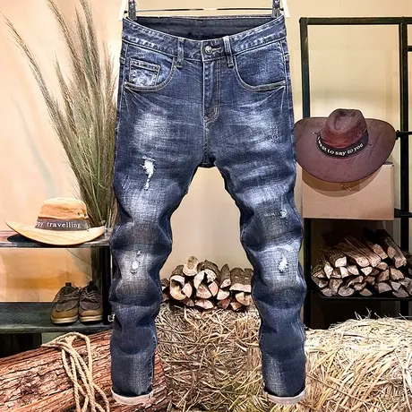 破洞补丁牛仔裤男蓝色修身小脚裤时尚潮牌百搭弹力裤子男秋冬厚款商品大图