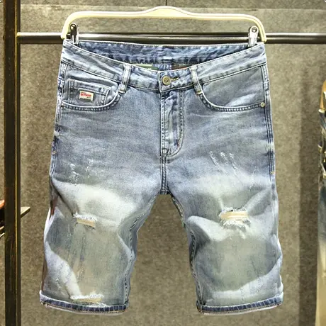夏季薄款牛仔五分裤潮牌破洞帅气短裤男款立体裁剪外穿休闲马裤子商品大图