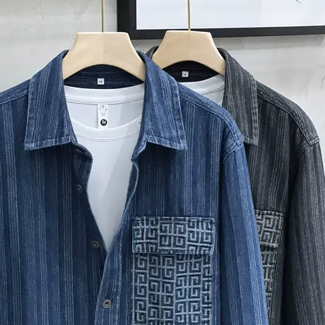 夹克男春秋季新款潮流条纹拼接衬衫领休闲牛仔外套男潮牌ins宽松图片