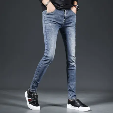 2023新款秋季牛仔裤男款韩版修身小脚裤蓝色潮流弹力男士裤子百搭商品大图