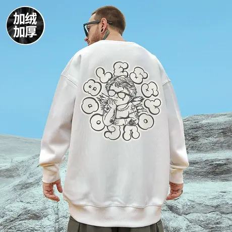 2024春秋季加绒加厚卫衣男潮ins圆领美式潮牌宽松加肥加大码无帽商品大图