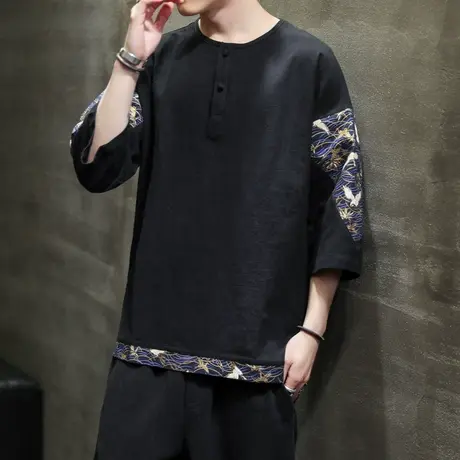 中国风男短袖T恤大码拼接五分袖宽松男装复古青年花上衣服半截袖图片