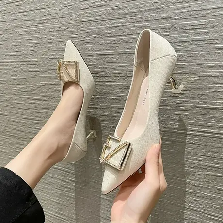 高跟鞋女细跟2024年新款春季气质尖头浅口方扣水钻配裙子粗跟单鞋商品大图