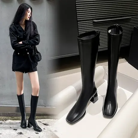 长筒靴女高跟不过膝2023年新款粗跟小个子长靴高筒靴子显高骑士靴商品大图